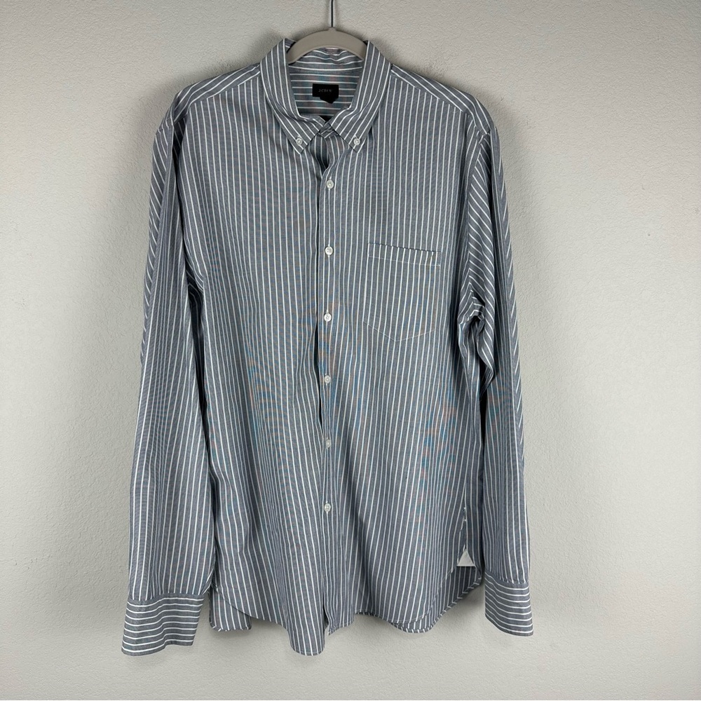 J.Crew Men’s Gray White Stripe Long Sleeve Button Up 100% Cotton Shirt Large